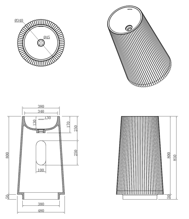 Раковина напольная рифленая Torre Corian 480*480*850 Раковина напольная рифленая Torre Corian 480*480*850