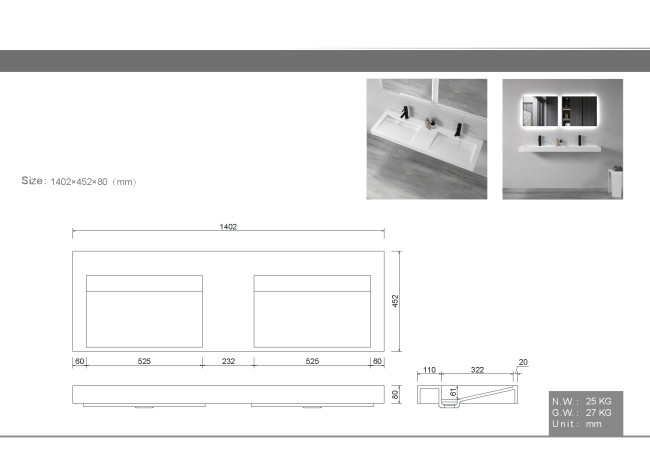 Столешница моноблок FLAT 140*46см на 2 чаши Столешница моноблок FLAT 140*46см на 2 чаши