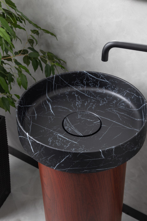 Раковина накладная SOLE Corian 400*130 Nero Marquina + Пьедестал для раковины Corian 300*720 Red Wood
