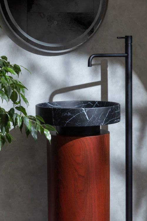 Раковина накладная SOLE Corian 400*130 Nero Marquina + Пьедестал для раковины Corian 300*720 Red Wood