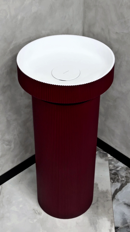 Раковина накладная рифленая SOLE Corian 400*130 Burgundy + Пьедестал для раковины рифленый Corian 300*720 Burgundy